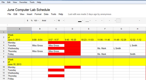 Snapshot of Computer lab schedule 